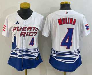 Women%27s Puerto Rico Baseball #4 Yadier Molina Number 2023 Red World Classic Stitched Jerseys